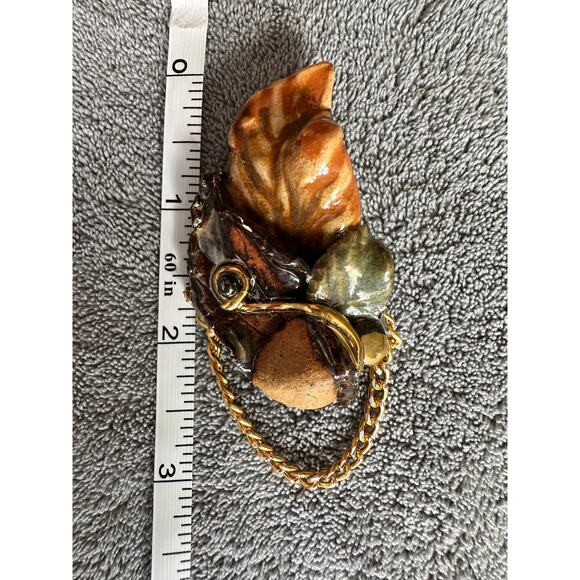 Fired Fantasies Brooch Pin Clay Chain Gold Tan Green Brown Leaves Vtg Handmade - Picture 5 of 6